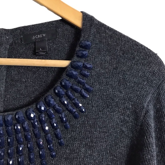 J Crew Large Gray Navy Wool Blend Jeweled-starburst‎ Sparkle Sweater Holiday - Picture 5 of 10